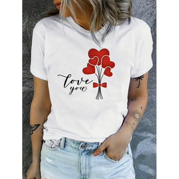 Camiseta de Verano para Mujer Valentine's Day Printed Graphic Crew Neck T-Shirt, Casual Short Sleeve Tops, Spring Summer, Women's Camisetas de verano para mujer, manga corta, cuello redondo, casual,