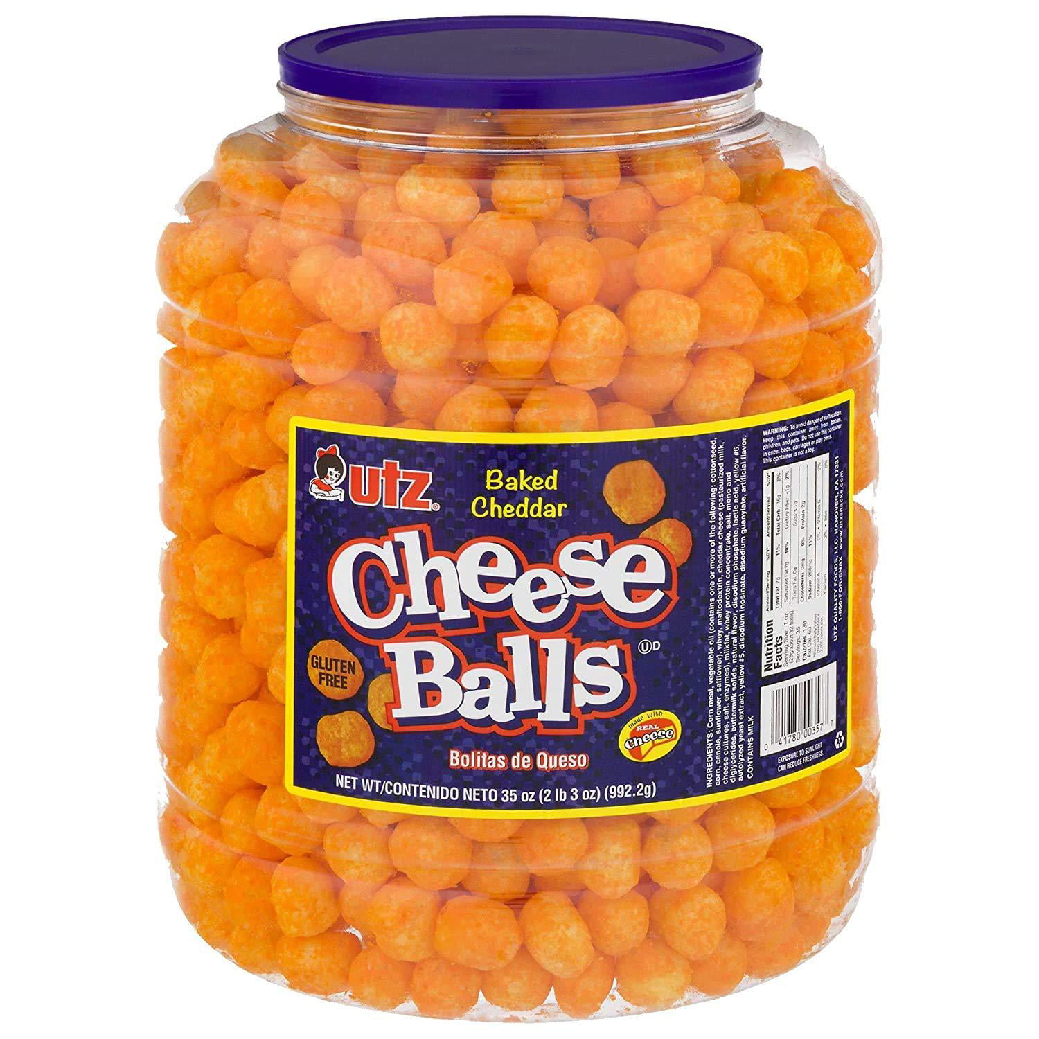 Utz Cheese Balls &ndash; 35 Ounce Barrel (2 lbs) &ndash; Made with Real Cheese, Resealable Container, Gluten Free, Easy and Quick Party Snack 2.18 Pound (Pack of 1)
