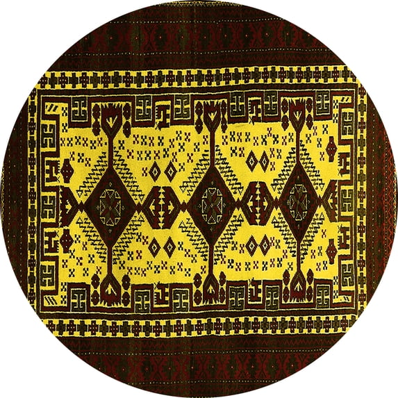 Ahgly Company Machine Washable Indoor Round Oriental Yellow Industrial Area Rugs, 6' Round