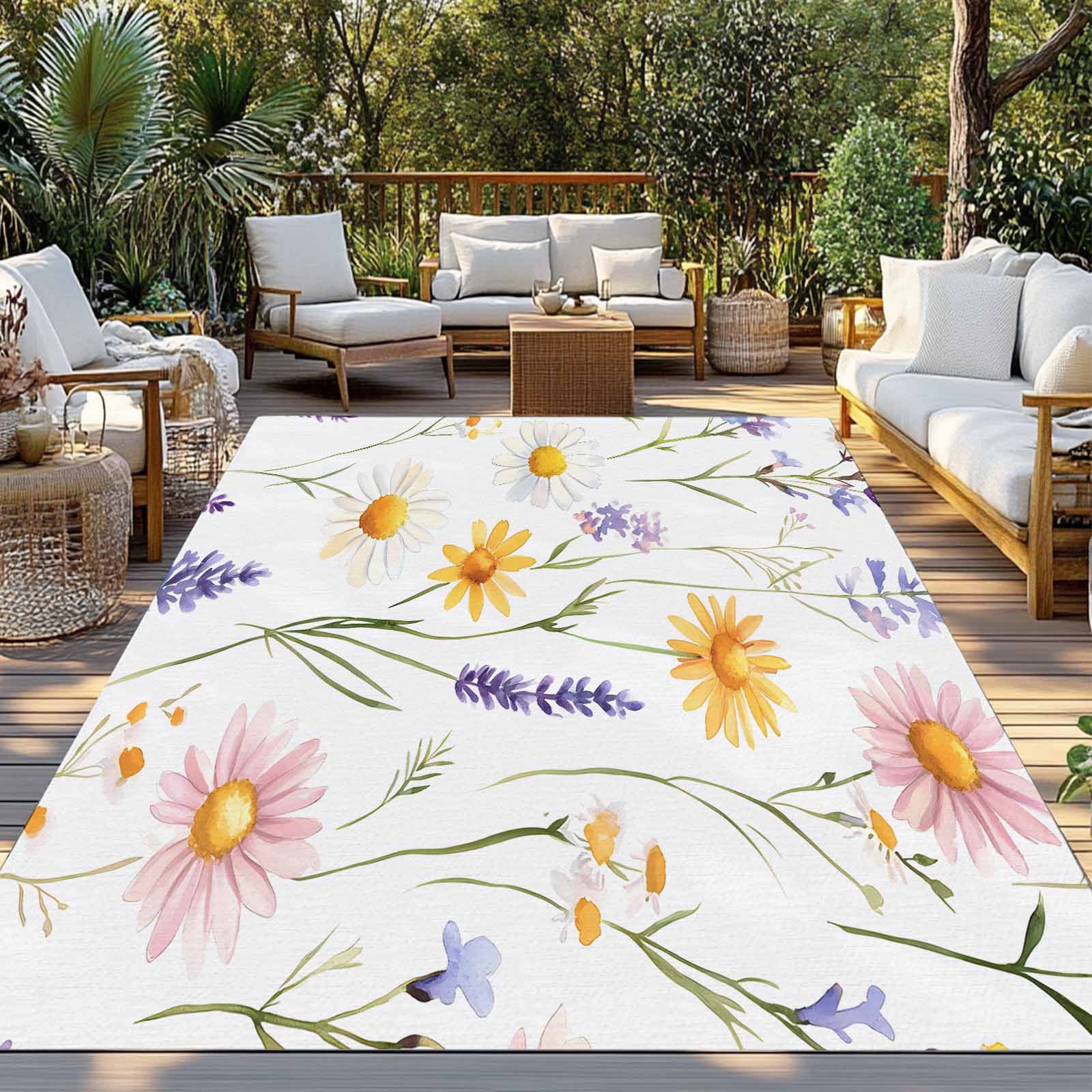 Fsddascl Pink Yellow Daisies Outdoor Rug for Patio/Deck/Porch, Non-Slip Large Area Rug 4 x 6 Ft, Spring Farmhouse Botanical Floral Indoor Outdoor Rugs Washable Area Rugs, Camping Rug Carpet