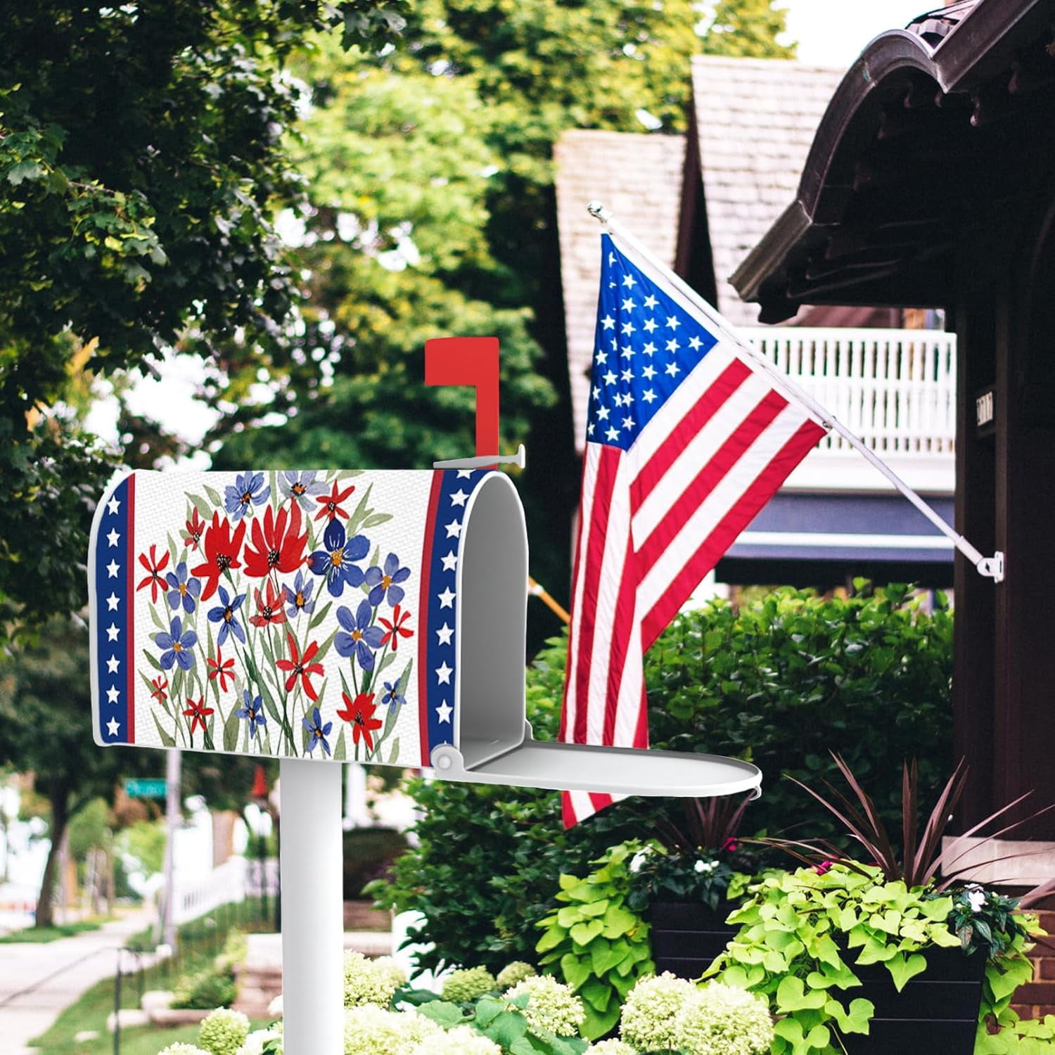 4th of July Patriotic Mailbox Cover Magnetic Standard Size 21"x19", America Wild Flower Floral Decorative Post Letter Box Wrap Decor, American USA Stars Farmhouse Garden Yard Outdoor Decoration