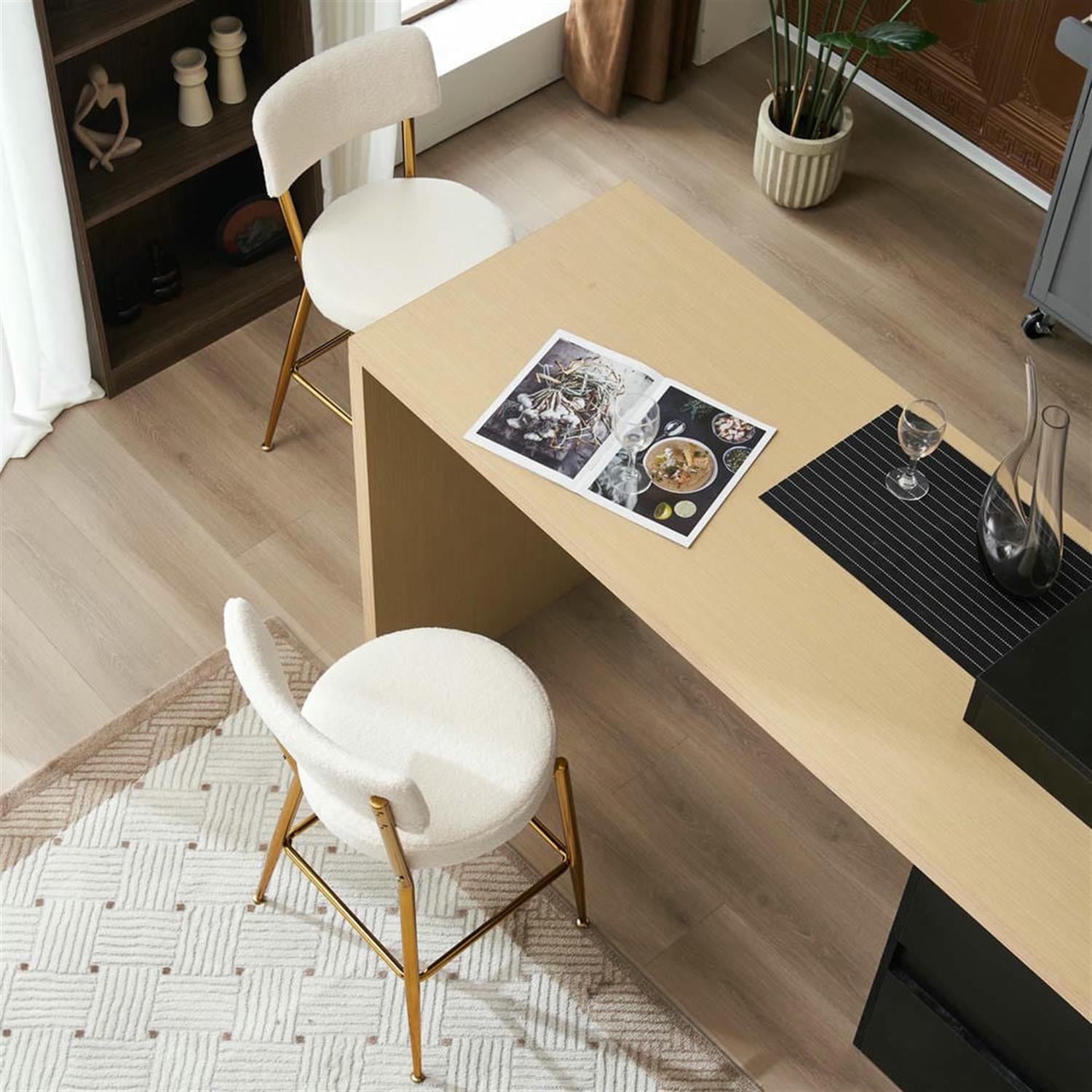 Demi Bonn 35" Counter Height Bar Stools Set of 2, Teddy Fabric Upholstered Barstools with Back, Kitchen Island Countertop Chairs for Dining Room, Beige