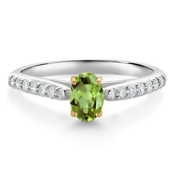 Gem Stone King 925 Sterling Silver and 10K Yellow Gold Green Peridot and White Lab Grown Diamond Engagement Ring for Women (0.68 Cttw, Oval 6X4MM, Gemstone August Birthstone, Size 8)