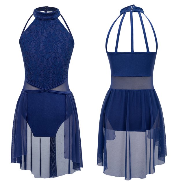 Yartina Robe de Danse Ballet Sans Manches pour Filles, Robe Justaucorps Moderne Contemporaine, Costume de Danse Bleu Marine 10