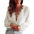 thumbnail image 3 of Lace Trim Mohair Sweaters for Women Pullover V Neck Sweaters Long Sleeve Knitted Sweater Fall Winter Clothes White S, 3 of 10