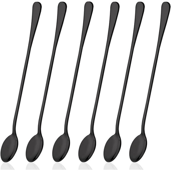 9 Inch Long Handle Iced Tea Spoon, DaKuan Set of 6 Stainless Steel Iced Teaspoon for Iced Tea, Coffee, Cocktail, Milkshake, Cold Drink ( Black )