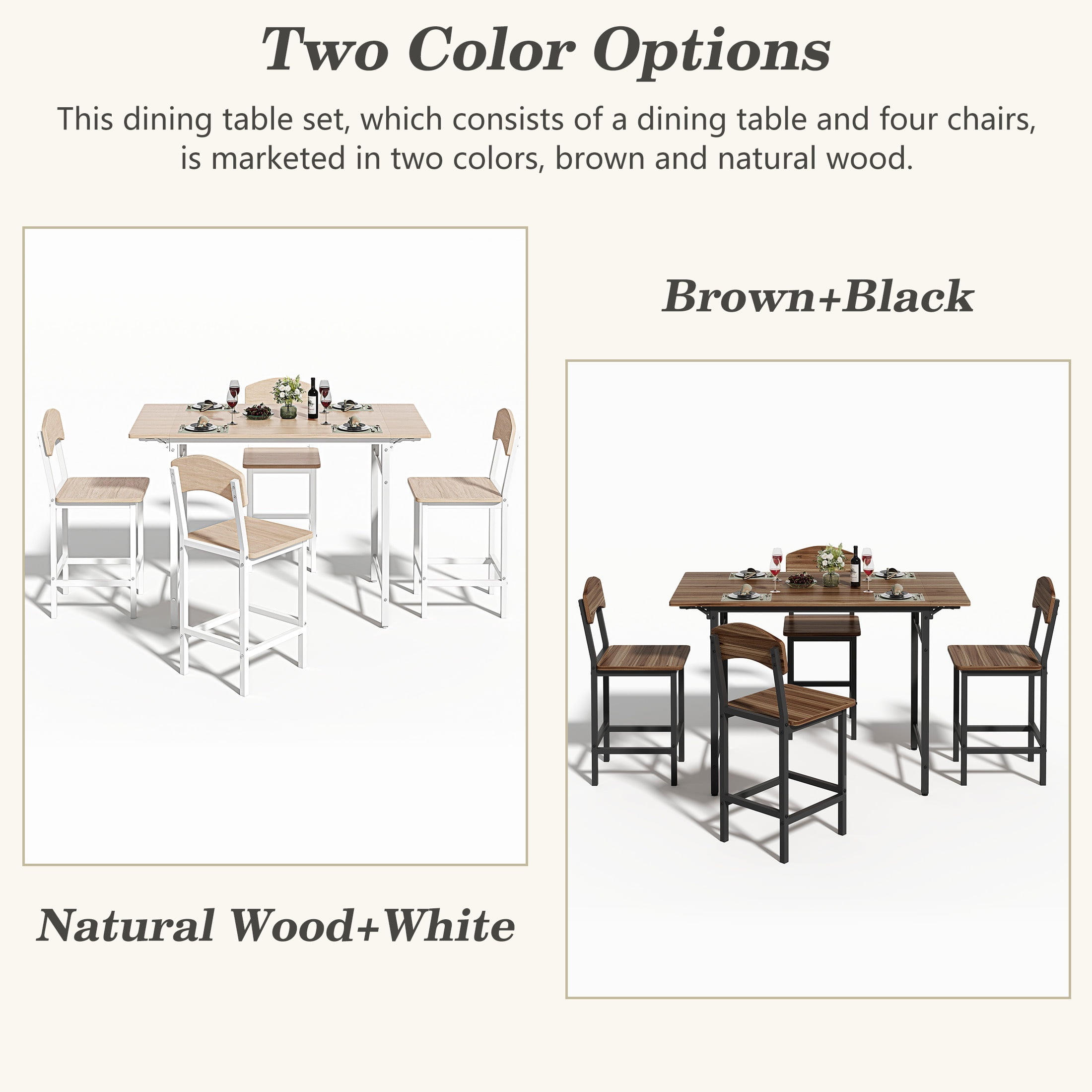 Dining Table Set for 4, Drop Leaf Pub Table and Dining Chair Set, Counter Height Table Set of 5, Kitchen Table Set with Stools for Kitchen Apartment Bistro, Brown