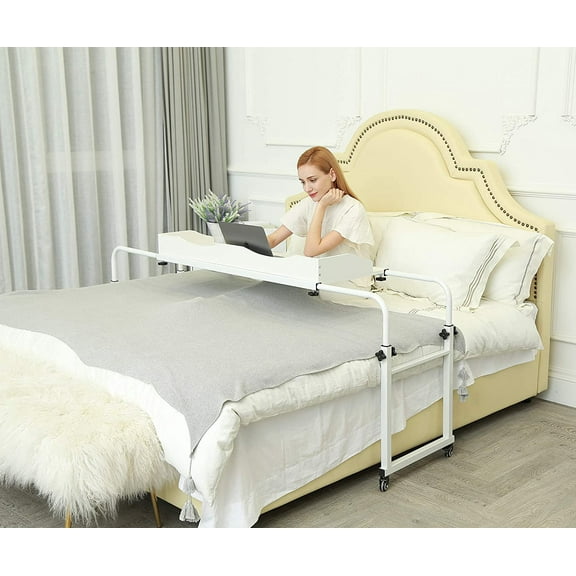 UNICOO® Adjustable Overbed Table with Wheels, Perfect for Full/Queen/King Beds Rolling Medical Bed Desk for Laptop Work, Breakfast, Sturdy Wood and Steel Frame (202-White)