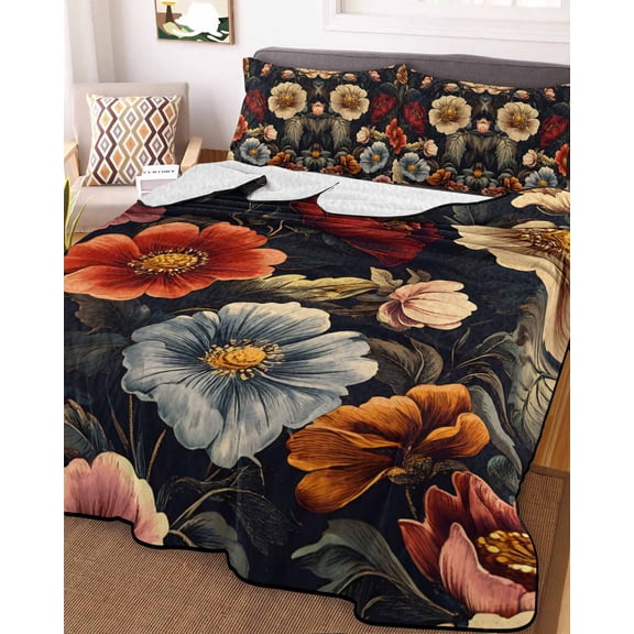 Colored Flower King Size Down Alternative Comforter, Lightweight Comforter Quilt Bedding Set with Pillow Shams Retro Country Red Blue Floral Wildflower All Seasons Bed Comforter Duvet Insert 96"x106"