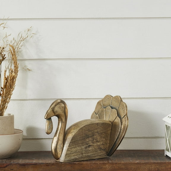 VHC Brands Wooden Turkey w/ Burnished Metal , Fall and Thanksgiving Home Decor for Tables and Shelves, Indoor Decorations for Tabletop Antique Gold, Natural Light, 6x8.5