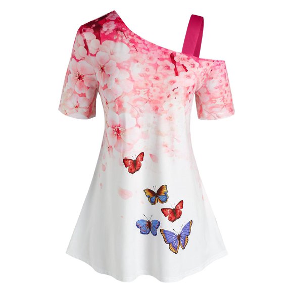 Talla grande taza de cuello floral mariposa impresión tee Rosegal Camisetas tallas grandes