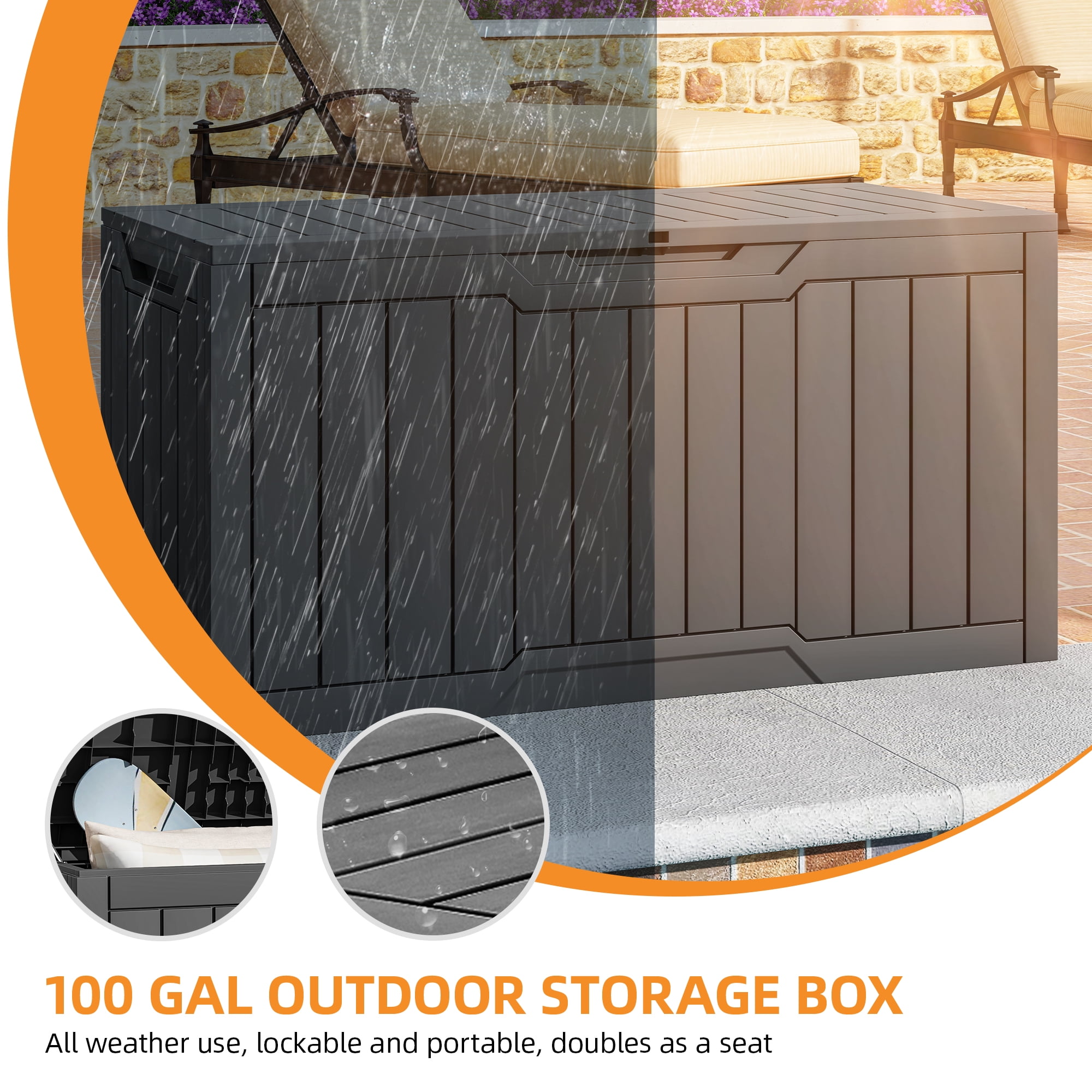 Uforic 100 Gallon Resin Deck Box, Outdoor Weatherproof & Lockable, Dark Gray