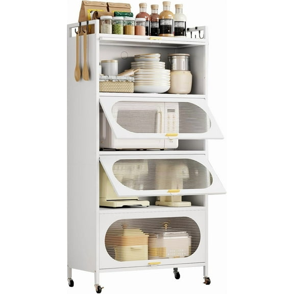 Dyoung 5-Tier Kitchen Pantry Storage Cabinet with Flip-up Doors, Metal Freestanding Cabinet with 4 Rooling Wheels, Bakers Rack with Storage Cabinet for Dining Study Kitchen Living Room (White)