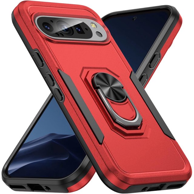 KOMI Étui Compatible avec Google Pixel 9 / 9 Pro avec Support Magnétique, Armure Militaire Robuste Antichoc Anti-Chute Étui de Protection pour Hommes Femmes Noir Rouge
