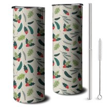 20oz Green and Red Christmas Holly Pattern Skinny Tumblers Stainless Steel Tumbler with Lid and Straw,Vacuum Insulated Double Wall Travel Tumbler Cups with Cleaning Brush for Coffee,Tea