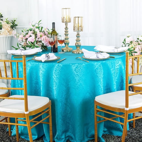 Wedding Linens Inc. 90" Round Marquis Damask Jacquard Polyester Linen Tablecloth Table Covers with Seamless Design - Turquoise