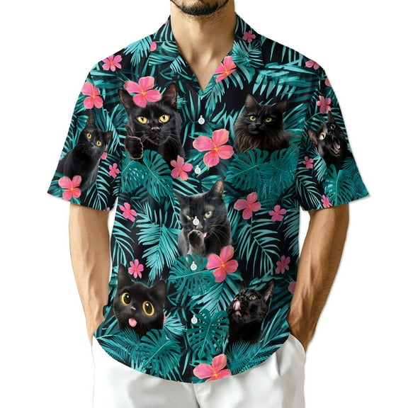 Netecom Black Cat Hawaiian Shirt for Men, Tropical Style, Button Down Summer Beach Short Sleeve, S-5XL