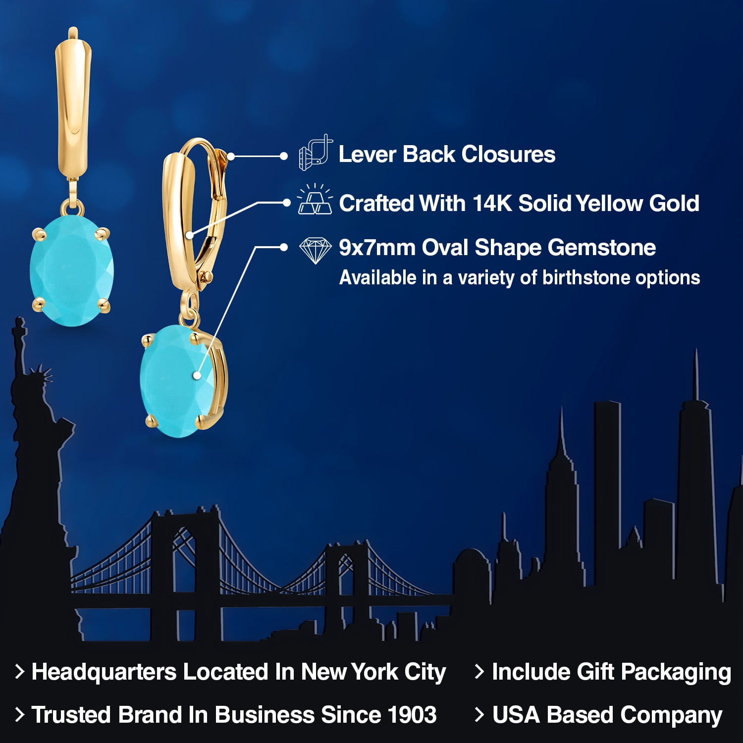 Gem Stone King 14K Yellow Gold Green Turquoise Dangle Earrings for Women | 3.00 Cttw | Gemstone Birthstone | Oval 9X7MM | Fine Jewelry Gifts for Women Mom Wife Her