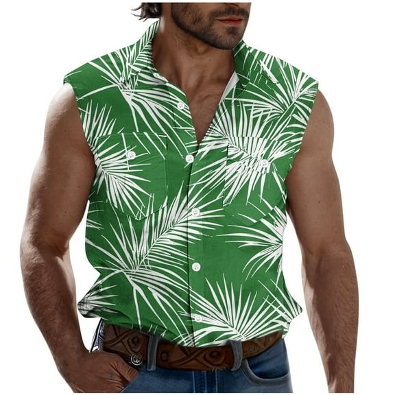 ZCFZJW Hawaiian Shirts for Men Lightweight Casual Summer Tropical Palm Tree Print Sleeveless Button Down Graphic Beach Tank T-Shirts Tops with Double Chest Pockets Green#01 XXXL
