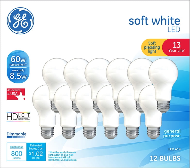 receive classical Manifest GE LED 8.5-Watt (60W Equivalent) Soft White Color Light Bulbs, E26 Medium  Base, 12pk - Walmart.com
