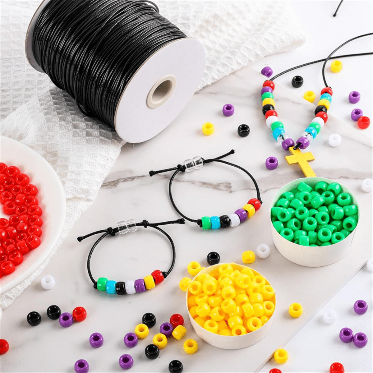 1800Pcs Plan Bracelet Bead DIY with Colorful Assorted Beads 170 Yards Waxed Cotton Thread Cord Christian Bible Craft Kit