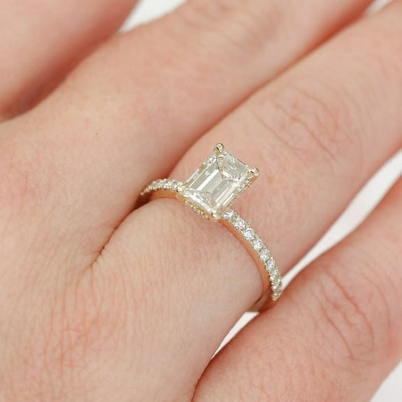SOLITAIRE JEWELS 1.25CT Emerald Hidden Halo Moissanite Solitaire Engagement Ring Solid 10K Yellow Gold