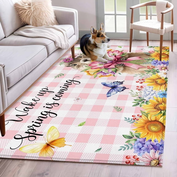 Area Rugs 2.7'x5', Spring Groundhog Carpet for Living Room Bedroom Dining Room, Watercolor Sunflower Botanical Pink Plaid Throw Kitchen Rugs Non Slip Washable Rectangle Indoor Outdoor Rugs