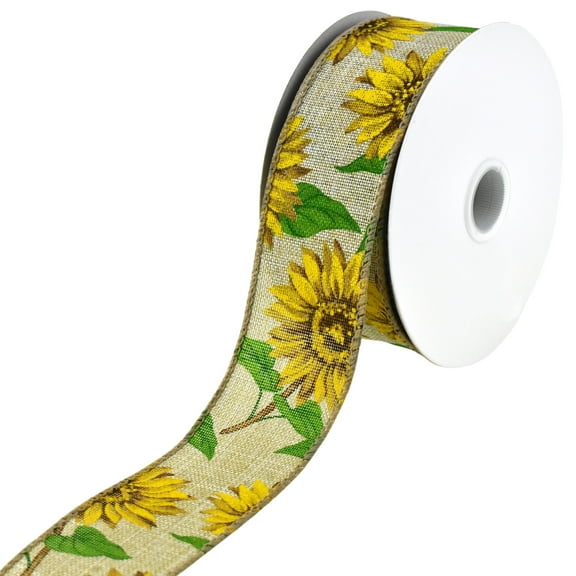 Sunflowers Faux Linen Wired Ribbon, 1-1/2-inch, 10-yard, Natural