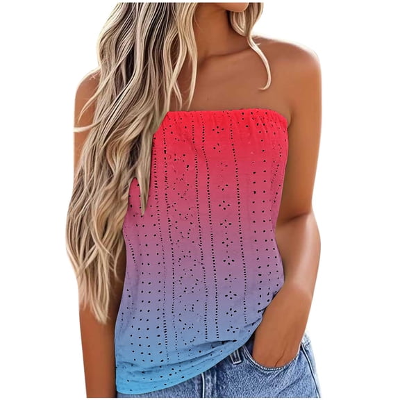 Scyoekwg Women's Casual Sleeveless Tube Tops Summer Strapless Eyelet Loose-Fit Blouse Lightweight Trendy Camisoles Tank Tops (Red,XXL)