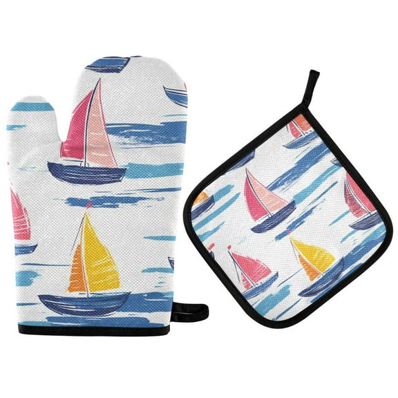Yayeee Oven Mitts and Pot Holder Set of 2 Heat Resistant Kitchen Gloves Baking Hot Pad, Pink Hand Drawn Sailboats