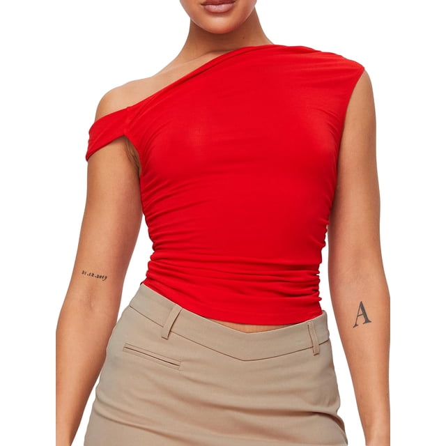 Faithtur Women's Slim Tank Tops One Shoulder Off Sleeveless Ruched Tight Fitted Asymmetrical Neck Solid Color Crop Tee Vest Tops