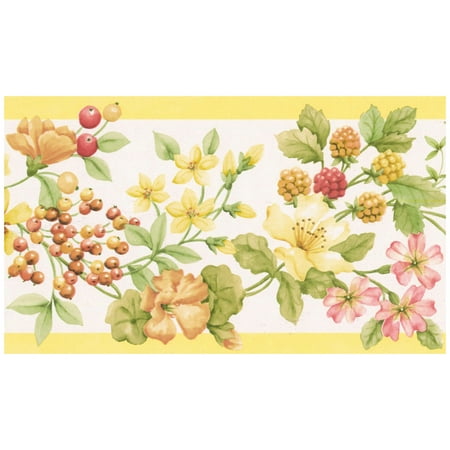 Prepasted Wallpaper Border - Red Mustard Yellow Orange Berries Flowers Rose Hips Floral Wall Border Retro Design, Roll 15 ft. x 5
