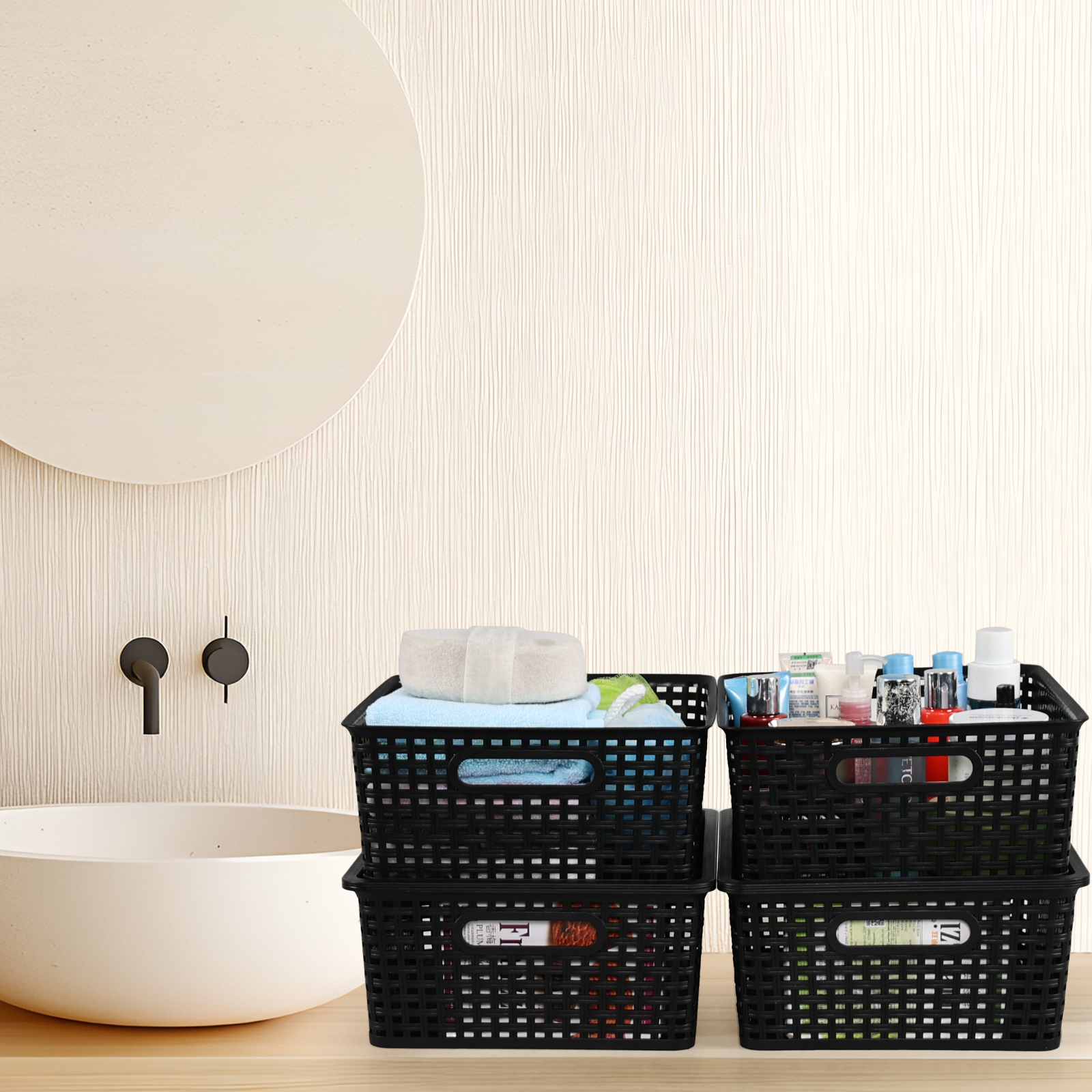 Idotry 6 Pack Large Stackable Storage Baskets with Lids, Plastic Lidded Storage Basket Bins for Shelves Closet Bathroom, 13.86"x 11.42"x 5.24", Black