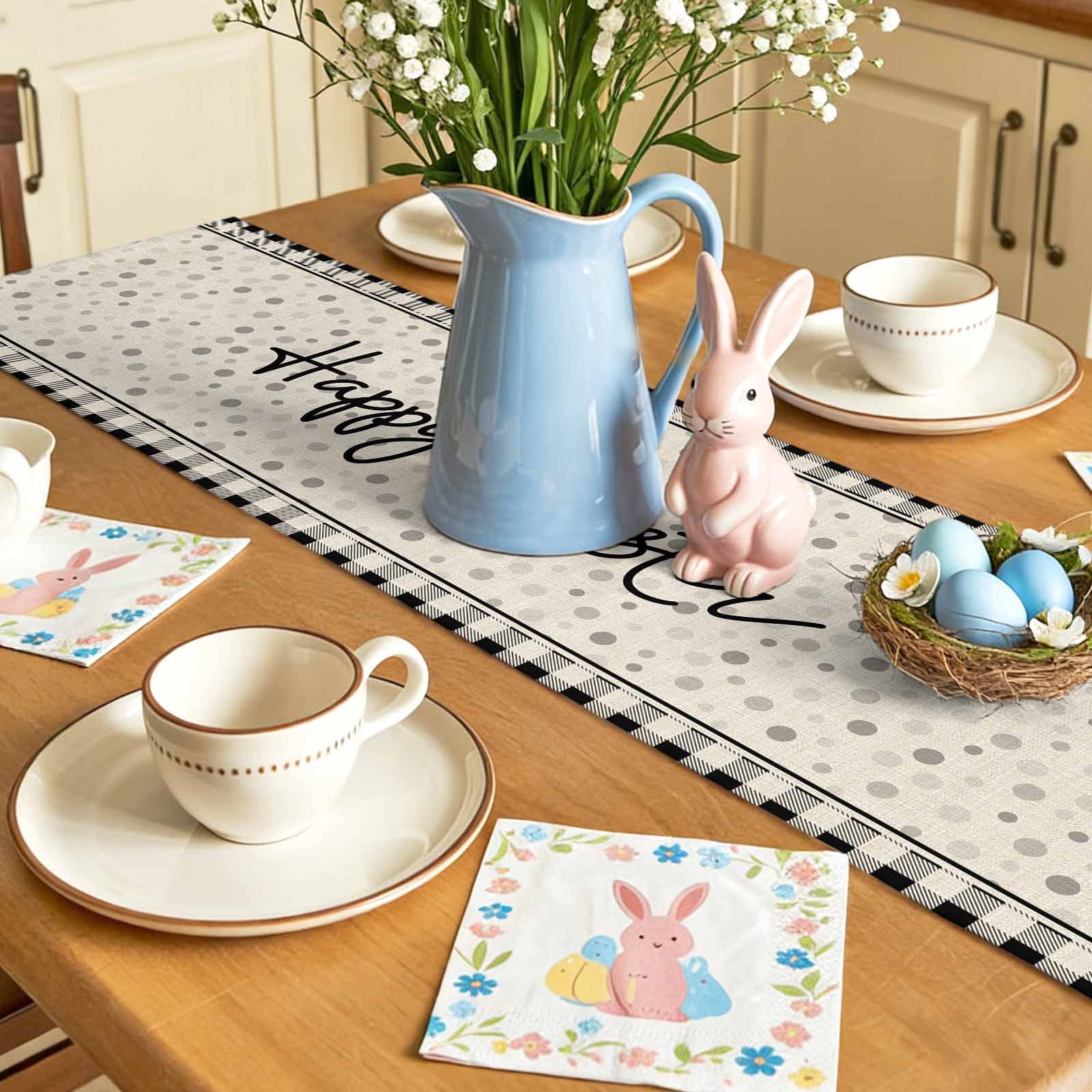 Happy Easter Table Runner, Black Bunny Polka Dots Black White Plaid Linen Texture Cotton Linen Kitchen Table Decoration Washable Dining Tabletop Runners for Home Party Decor 13x90 Inches