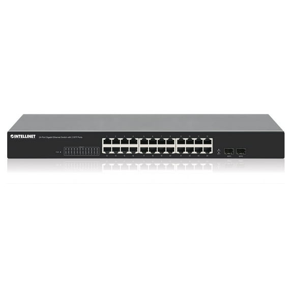 Intellinet 24-Port Gigabit Ethernet Switch with 2 SFP Ports | Fanless | 19" Rackmount | NDAA-compliant