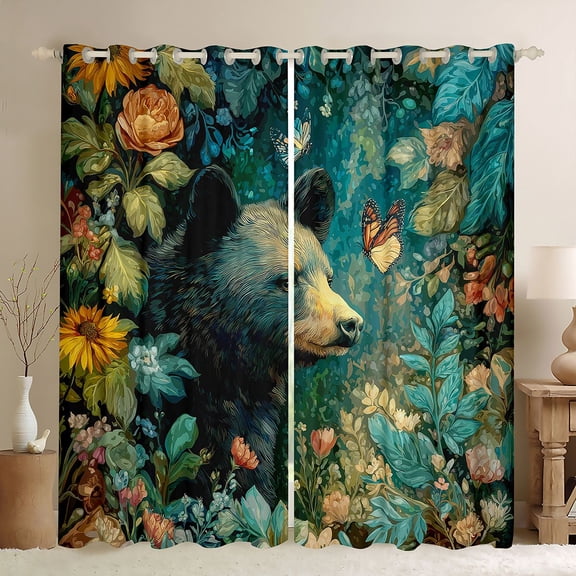 Erosebridal Jungle Animal Black Bear Black Out Curtains For Boys Girls,Teens Oil Painting Style Flowers Butterfly Curtains Pack of 2 (42x63 Each)