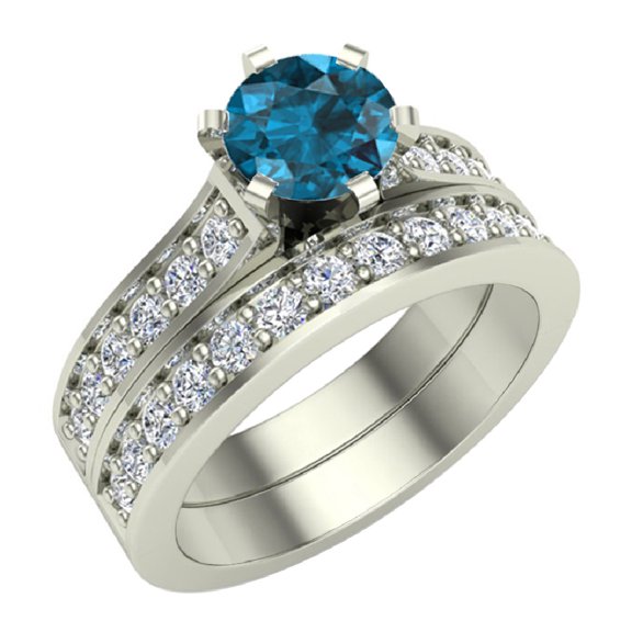 Wedding Rings for Women Bridal Set Blue Diamond Rings 14K White Gold - 1.50 CTW Cathedral Style