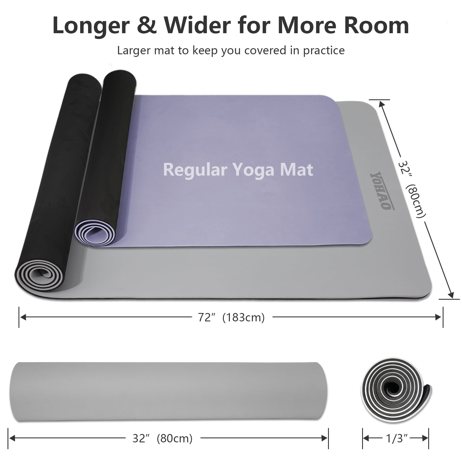 YOHAO Yoga Mat Wide 32",Non Slip,Eco-friendly,Durable Non-Toxic for Gym Exercise,Pilates and Full-Body Workout(Gray+Black)