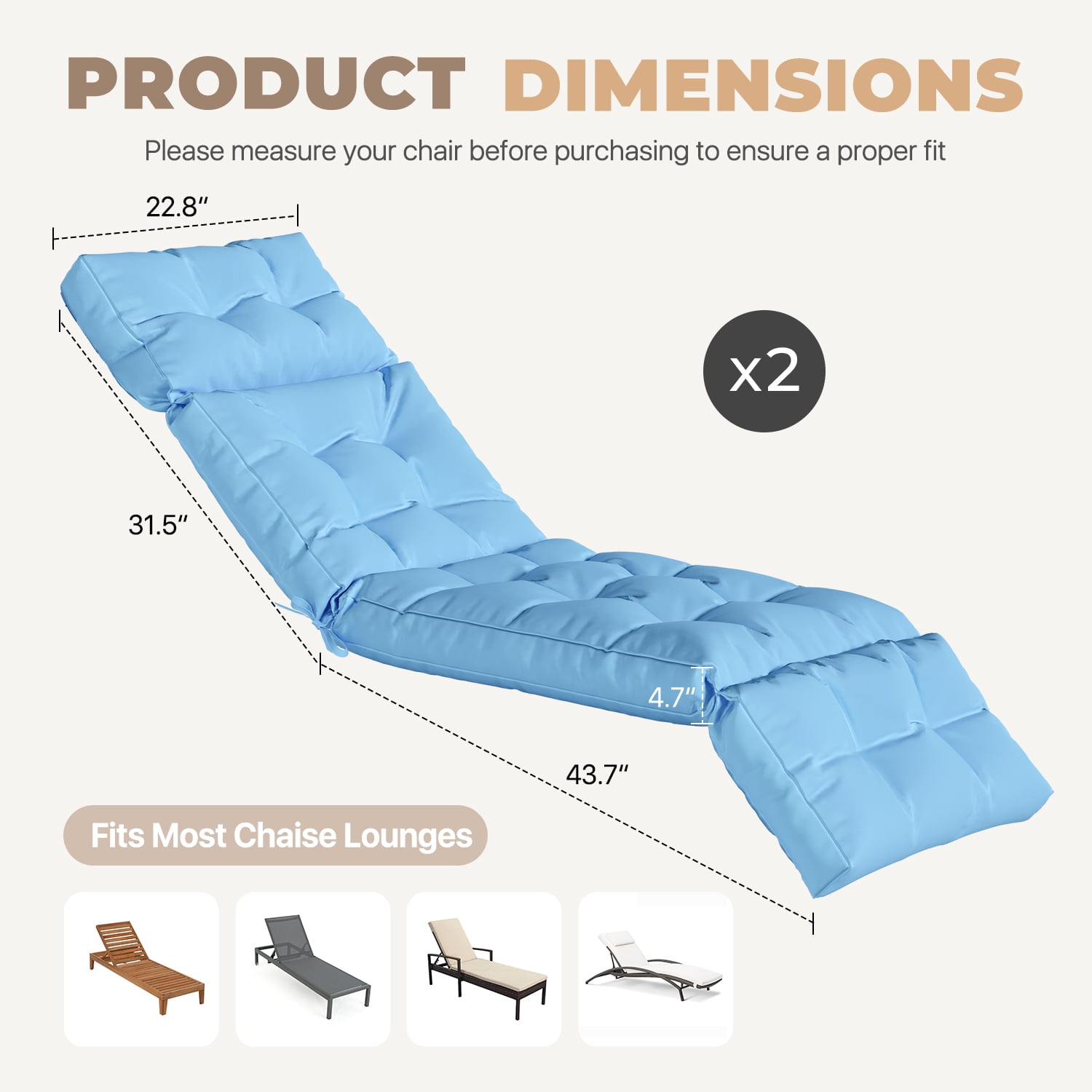 BaPiPro Set of 2 Upgraded 4-Segment Chaise Lounge Cushions, All-Weather Tie Fastened Pads with Plush PP Cotton, for Patio, Poolside & Balcony, Sky Blue