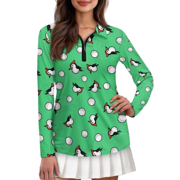 Garronmavis Women's Golf Shirt Zipper Long Sleeve Casual Tennis Shirt Soft Collar Workout Shirts, Bird Golf Ball, Size L