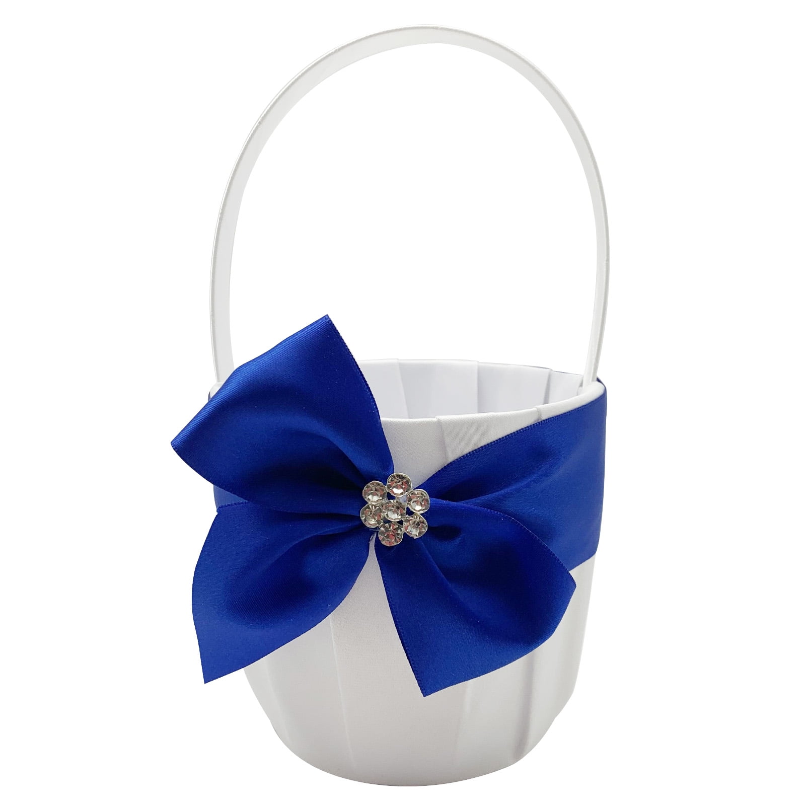White Satin Flower Girl Basket Royal Blue Bowknot Crystal Wedding Accessory 