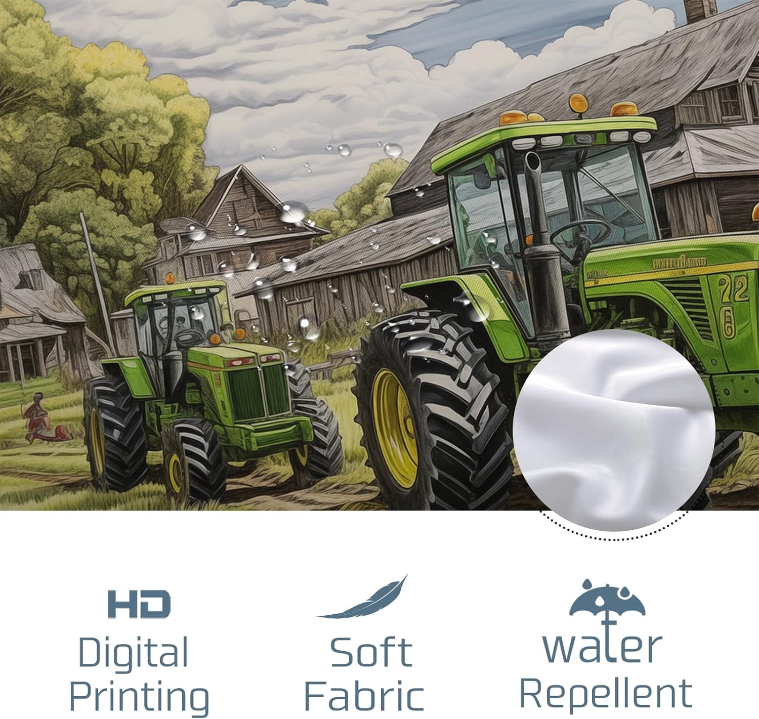 Farm  Tractor Shower Curtain Set, Watercolor Country Tractor Shower Curtain Farmhouse Tractor Bathroom Decor Polyester Fabric-72" x 72"
