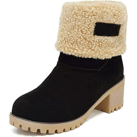 KAQ Women Cute Warm Short Boots Women s Winter Snow Fleece Suede Chunky Mid Heel Round Toe Ankle Booties Chunky Boots