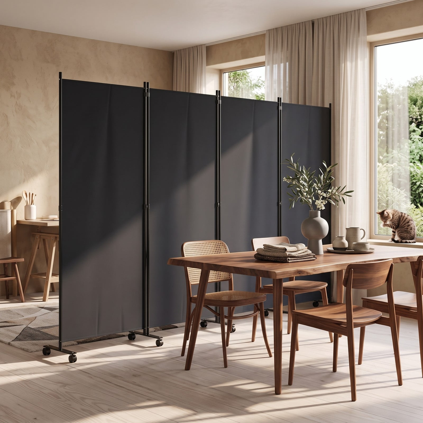 ALPULON 4 Panel Folding Privacy Screen Room Divider with Universal Wheels, Freestanding Portable Polyester Fabric Partition Panel for Living Room Bedroom Office, Black