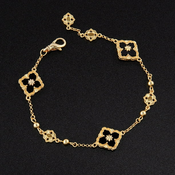 Pulsera de oro de 18 quilates con trébol de cuatro hojas y tres flores, joyería vintage para niñas