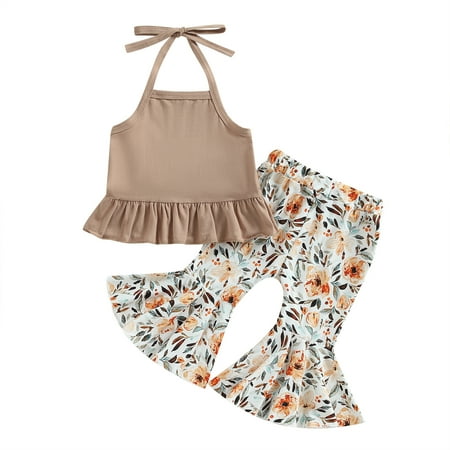

Newborn Baby Girl Summer Clothes Knit Halter Romper Leopard/Sunflower Bell Bottoms Pant Summer Outfit 6M 12M 18M 24M