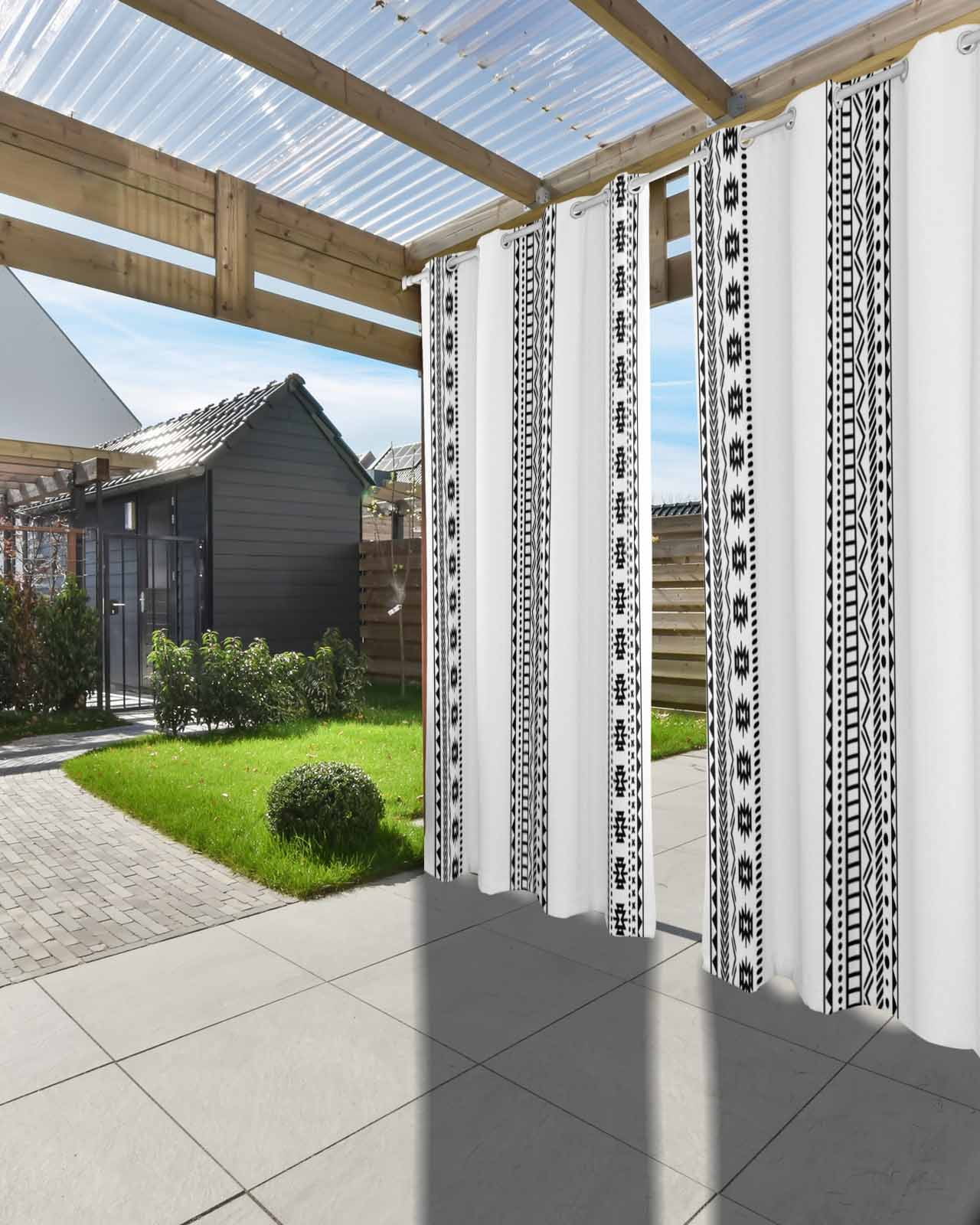 White Boho Outdoor Curtains for Patio, Farmhouse Simple Abstract Striped Geometric Privacy Drapes Grommet Waterproof Outside Curtains for Porch/Cabana/Balcony 54"x 95", 2 Panel