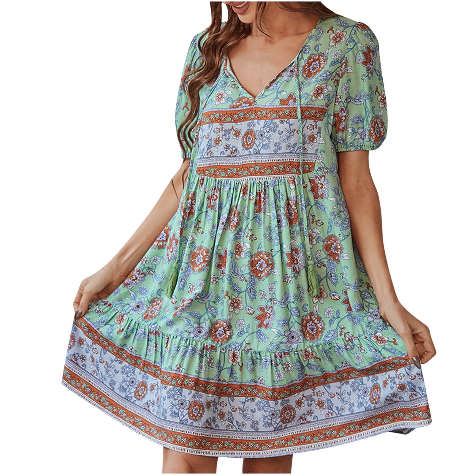 Wycnly Dresses for Women 2024 Beach Flowy Ruffle Swing Strappy Vintage  Bohemian Dresses Short Sleeve V-Neck Floral Print Summer Mini Sun Dress  Pink M