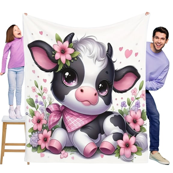 Charming Cute Little Cow Floral Print Flannel Blanket Soft Warm Cozy Skin-friendly Blanket For Sofa Bed Car Camping Office Home Decor Gift Blanket For All Seasons-Knit Fabric