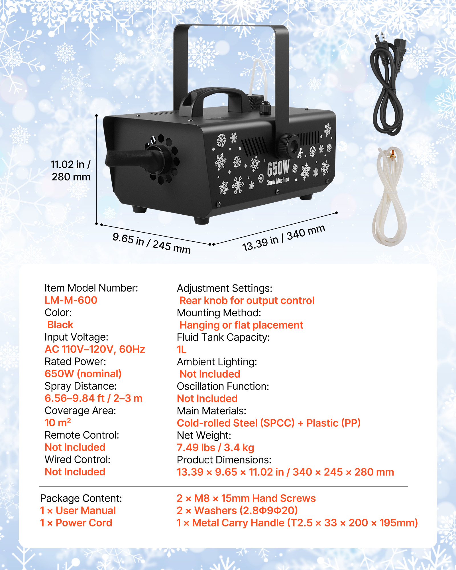 VEVOR Snow Machine, 650W Handheld/Hanging Fake Snow Maker, Snowmaking Machine with Portable Handle, Outdoor & Indoor Artificial Snowflake Maker for DJ Stage Parties Christmas Decor